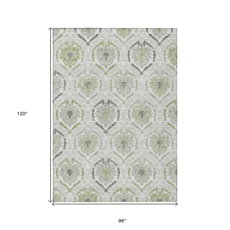 8' X 10' Gray And Olive Green Medallion Washable Indoor Outdoor Area Rug