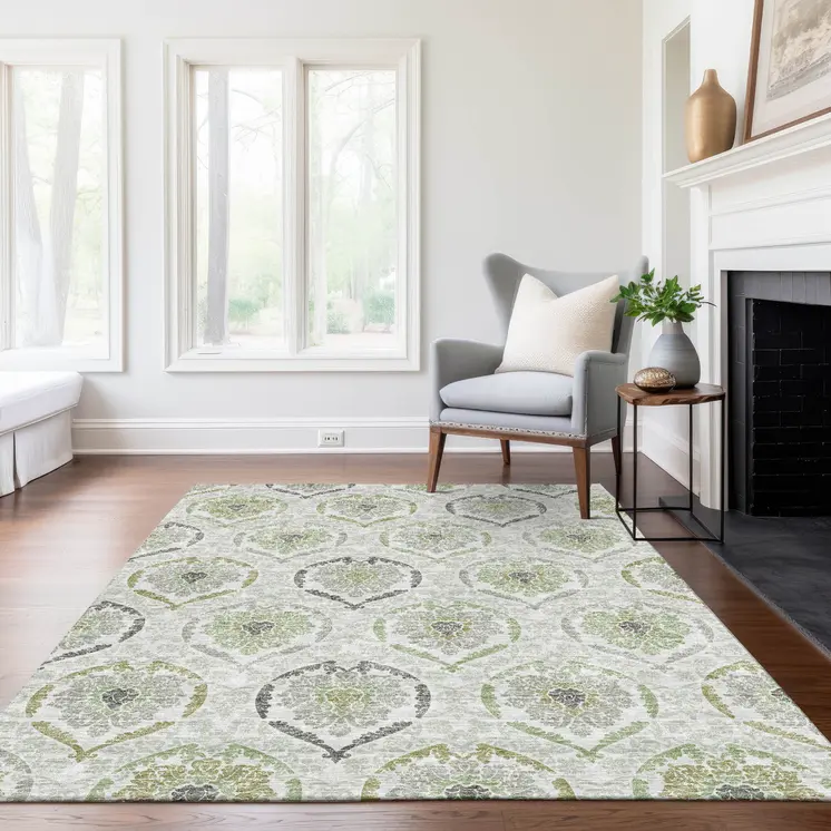 8' X 10' Gray And Olive Green Medallion Washable Indoor Outdoor Area Rug