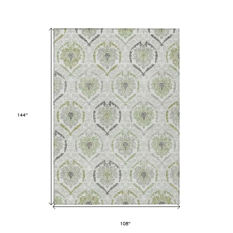 9' X 12' Gray And Olive Green Medallion Washable Indoor Outdoor Area Rug