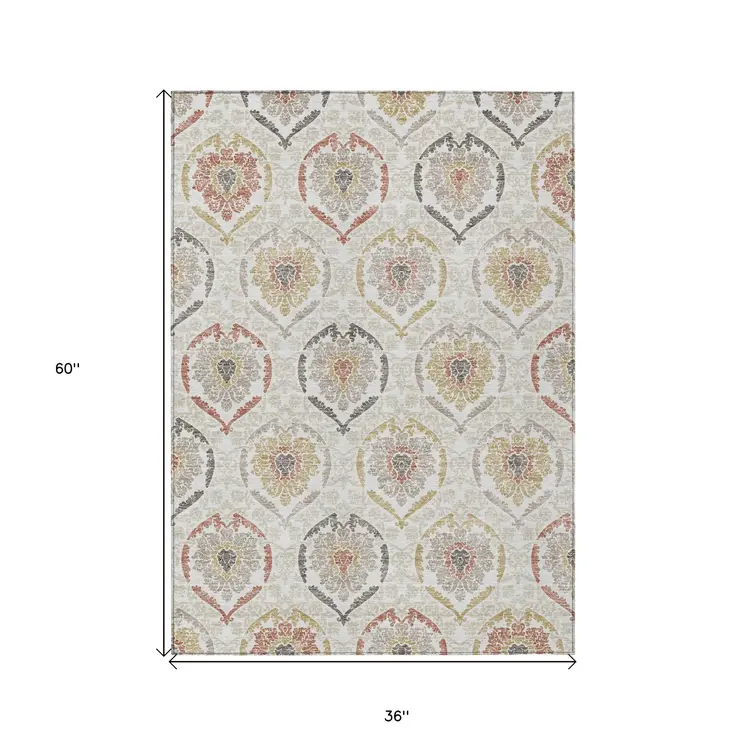 3' X 5' Ivory Gold And Taupe Medallion Washable Indoor Outdoor Area Rug