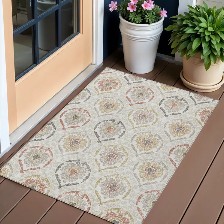 3' X 5' Ivory Gold And Taupe Medallion Washable Indoor Outdoor Area Rug