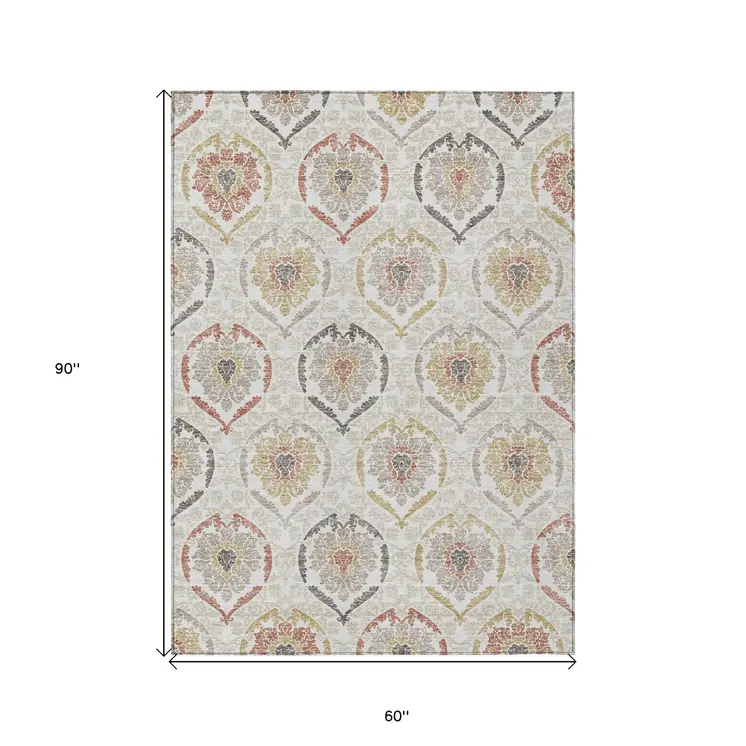 5' X 8' Ivory Gold And Taupe Medallion Washable Indoor Outdoor Area Rug