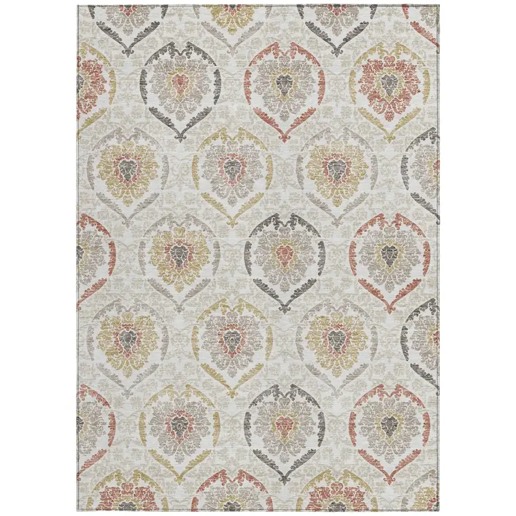 5' X 8' Ivory Gold And Taupe Medallion Washable Indoor Outdoor Area Rug