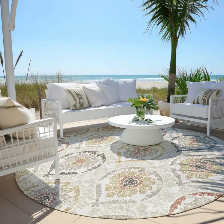 8' Ivory Gold And Taupe Round Medallion Washable Indoor Outdoor Area Rug