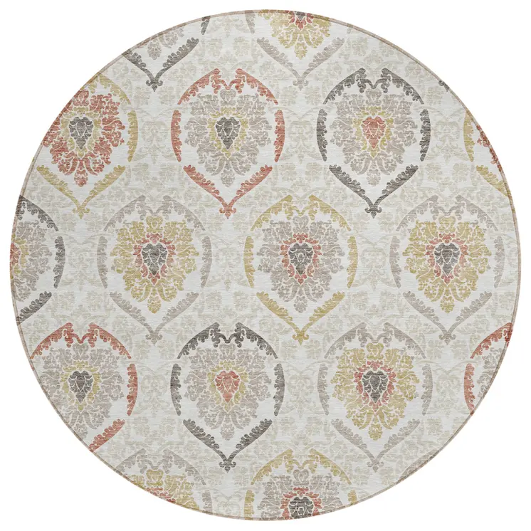 8' Ivory Gold And Taupe Round Medallion Washable Indoor Outdoor Area Rug