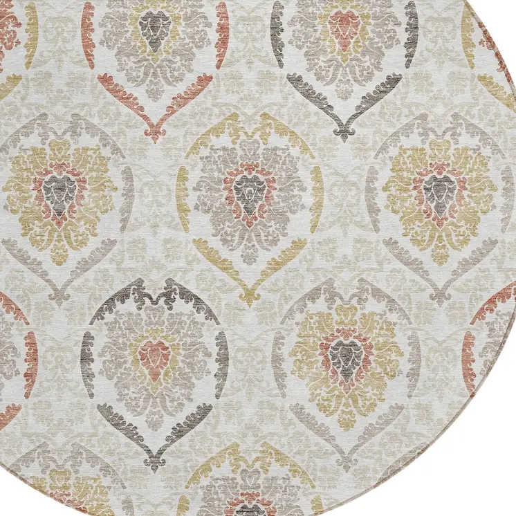 8' Ivory Gold And Taupe Round Medallion Washable Indoor Outdoor Area Rug