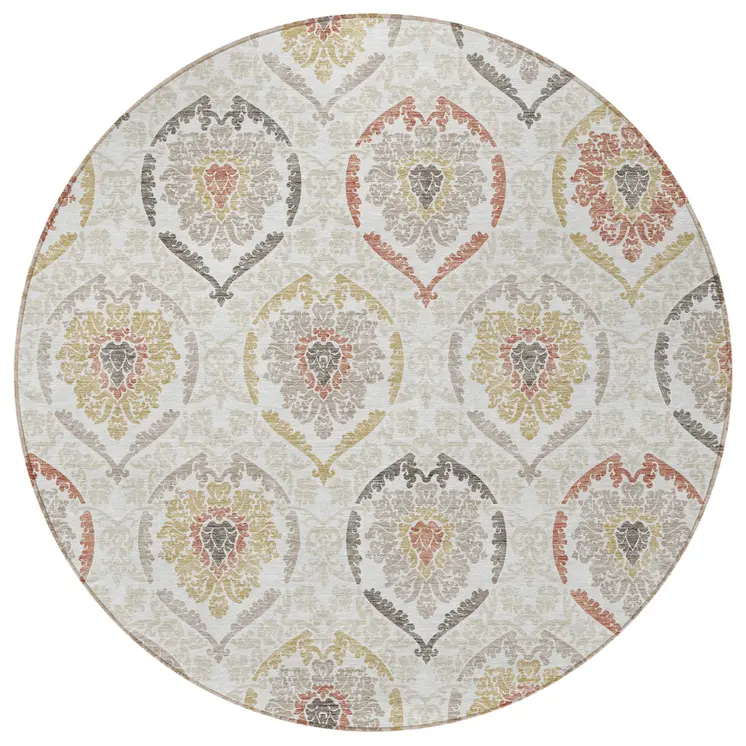 8' Ivory Gold And Taupe Round Medallion Washable Indoor Outdoor Area Rug