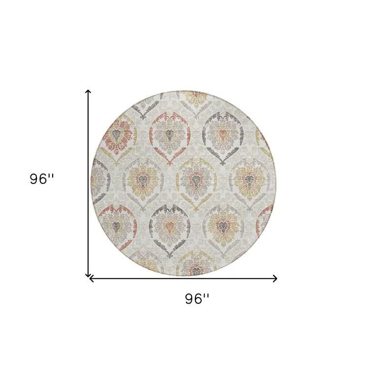 8' Ivory Gold And Taupe Round Medallion Washable Indoor Outdoor Area Rug