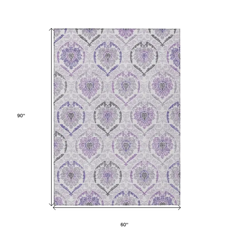 5' X 8' Purple Lavender And Gray Medallion Washable Indoor Outdoor Area Rug