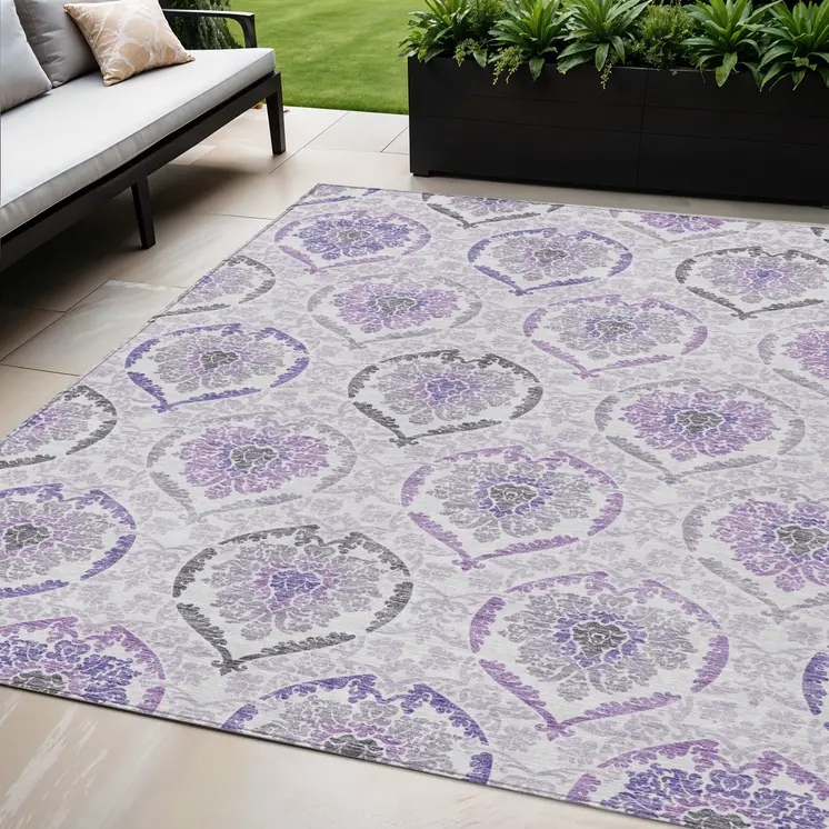 5' X 8' Purple Lavender And Gray Medallion Washable Indoor Outdoor Area Rug