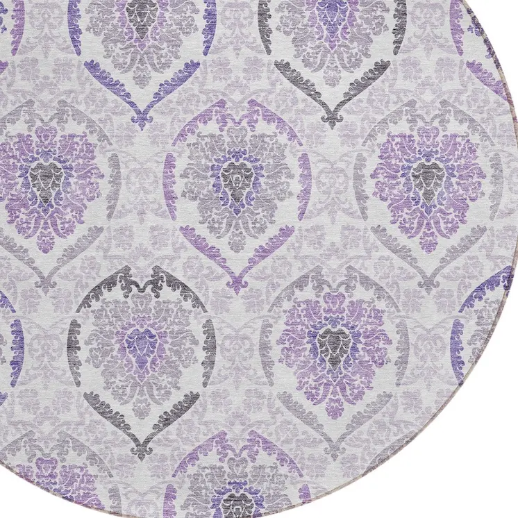 8' Purple Lavender And Gray Round Medallion Washable Indoor Outdoor Area Rug