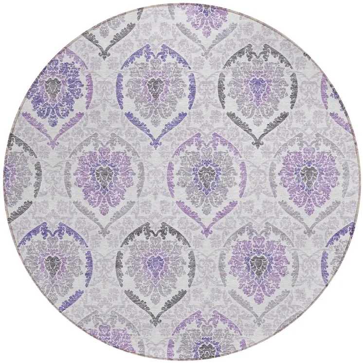 8' Purple Lavender And Gray Round Medallion Washable Indoor Outdoor Area Rug