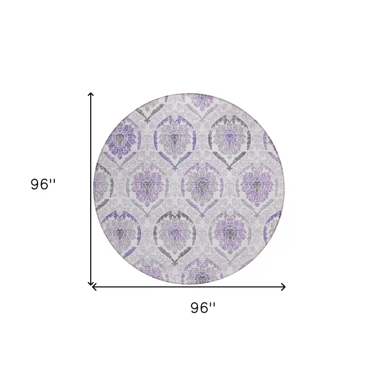 8' Purple Lavender And Gray Round Medallion Washable Indoor Outdoor Area Rug