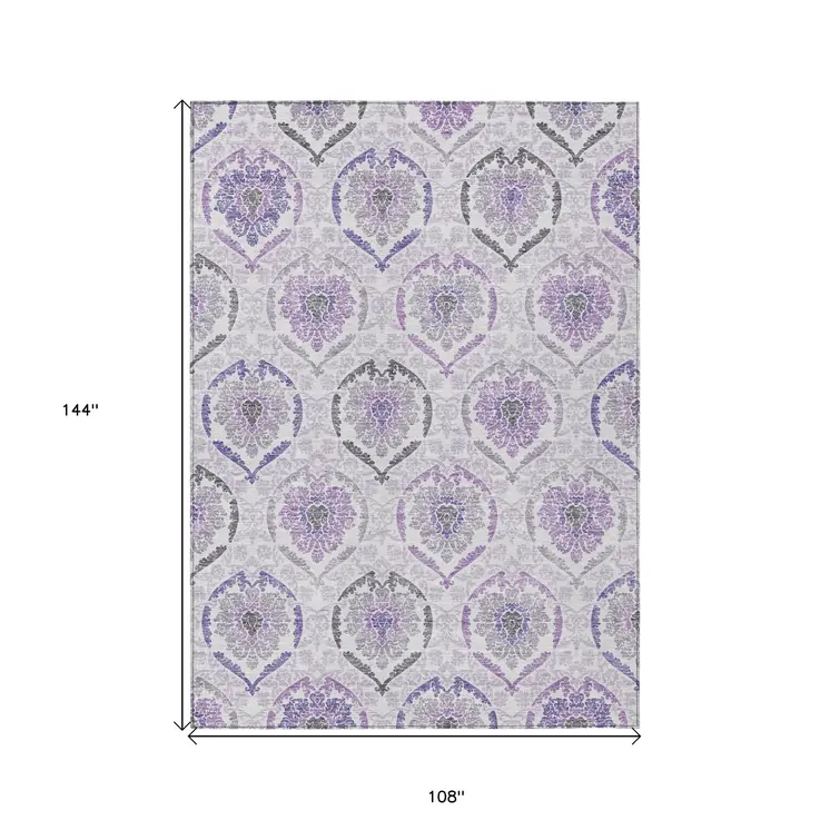 9' X 12' Purple Lavender And Gray Medallion Washable Indoor Outdoor Area Rug