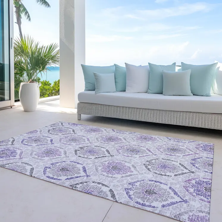9' X 12' Purple Lavender And Gray Medallion Washable Indoor Outdoor Area Rug