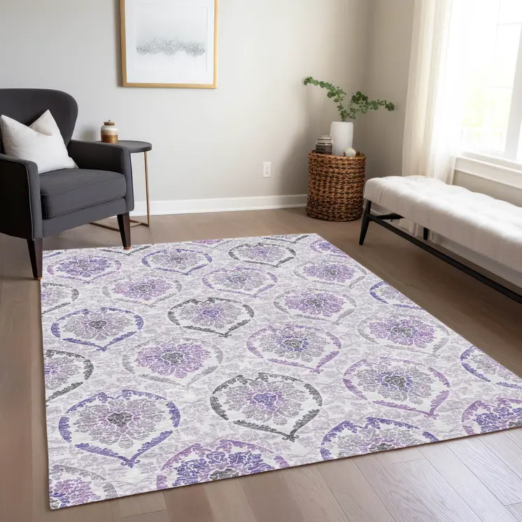 9' X 12' Purple Lavender And Gray Medallion Washable Indoor Outdoor Area Rug