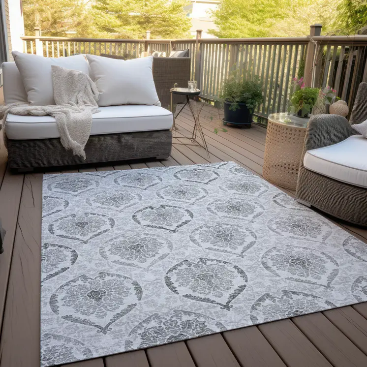5' X 8' Silver Gray And Charcoal Medallion Washable Indoor Outdoor Area Rug