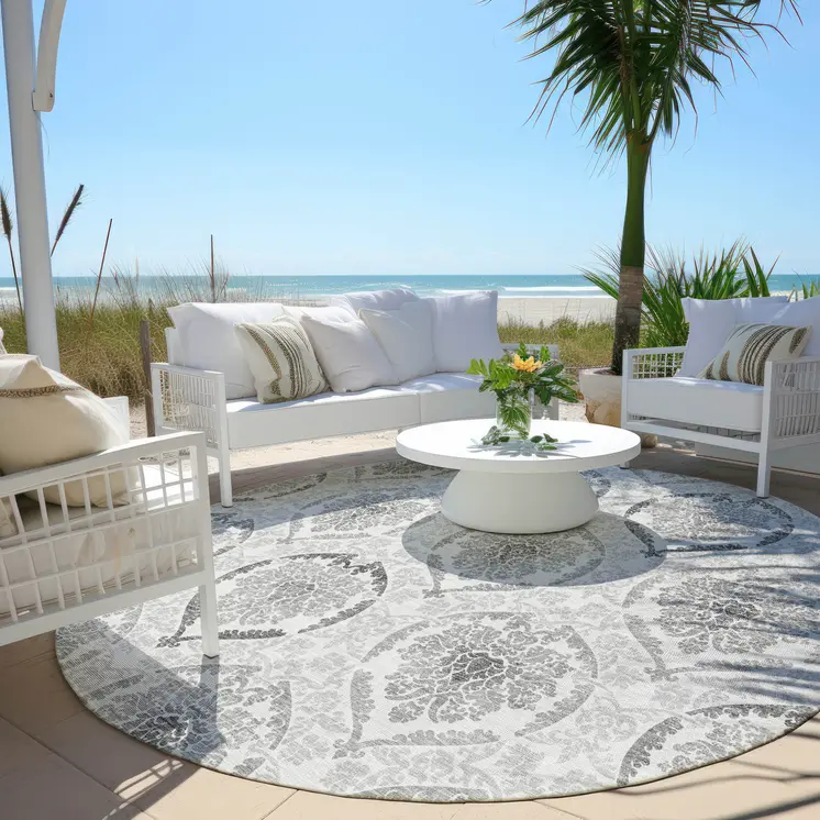 8' Silver Gray And Charcoal Round Medallion Washable Indoor Outdoor Area Rug