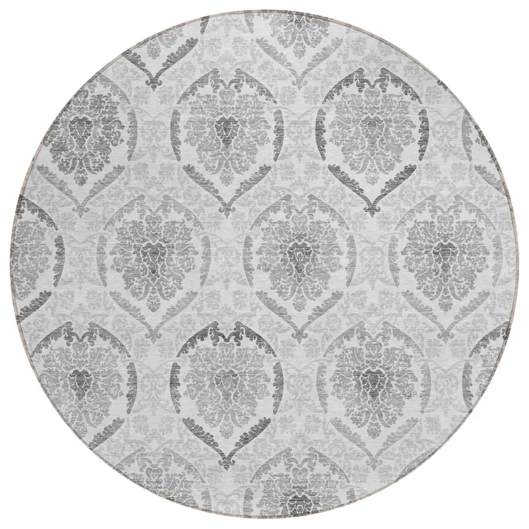 8' Silver Gray And Charcoal Round Medallion Washable Indoor Outdoor Area Rug