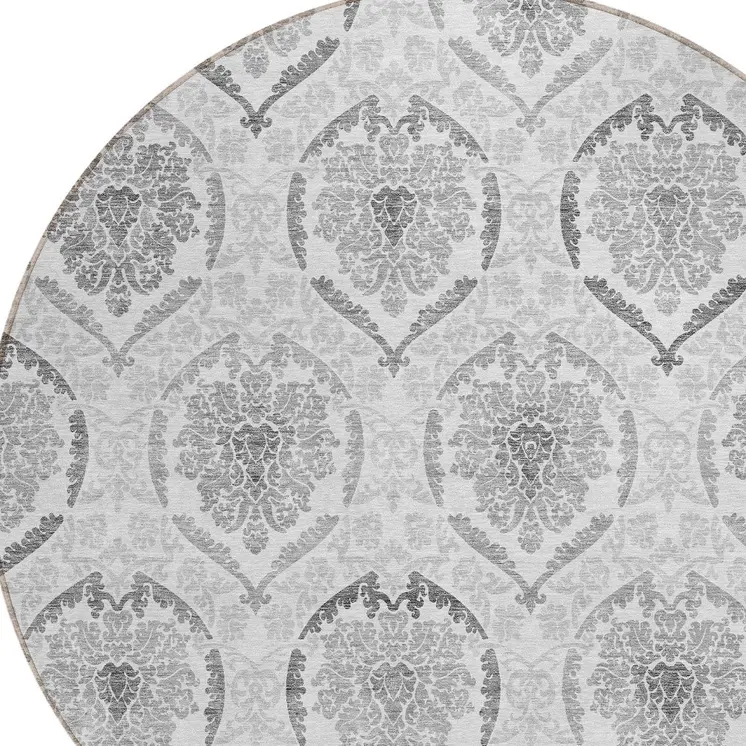 8' Silver Gray And Charcoal Round Medallion Washable Indoor Outdoor Area Rug