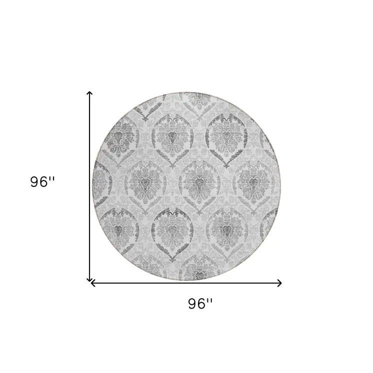 8' Silver Gray And Charcoal Round Medallion Washable Indoor Outdoor Area Rug