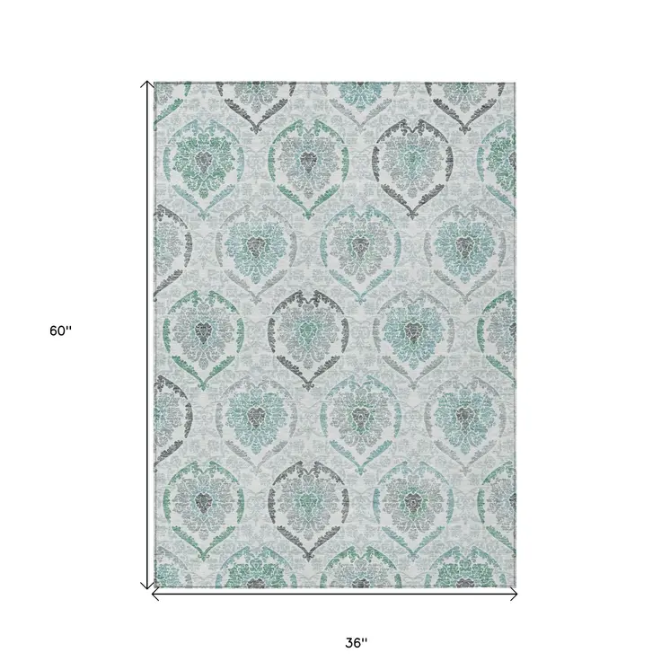 3' X 5' Teal Blue Silver And Gray Medallion Washable Indoor Outdoor Area Rug