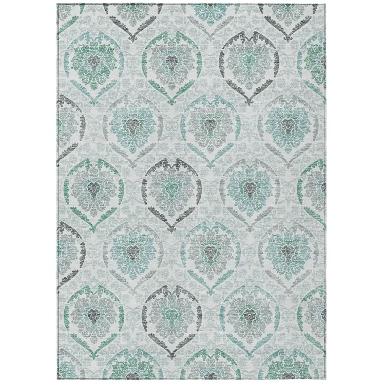 3' X 5' Teal Blue Silver And Gray Medallion Washable Indoor Outdoor Area Rug