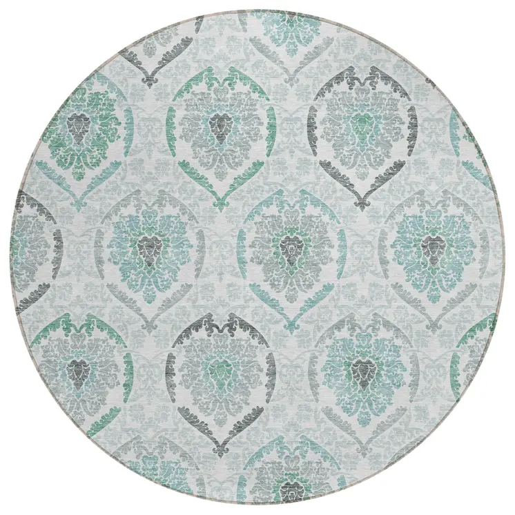 8' Teal Blue Silver And Gray Round Medallion Washable Indoor Outdoor Area Rug