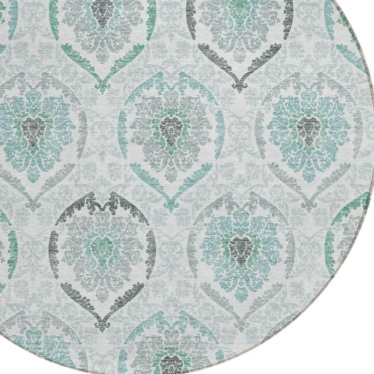 8' Teal Blue Silver And Gray Round Medallion Washable Indoor Outdoor Area Rug