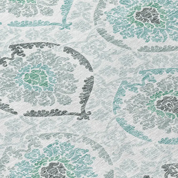 8' Teal Blue Silver And Gray Round Medallion Washable Indoor Outdoor Area Rug