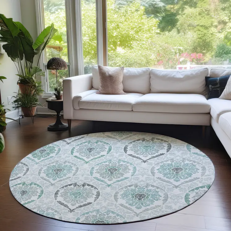 8' Teal Blue Silver And Gray Round Medallion Washable Indoor Outdoor Area Rug