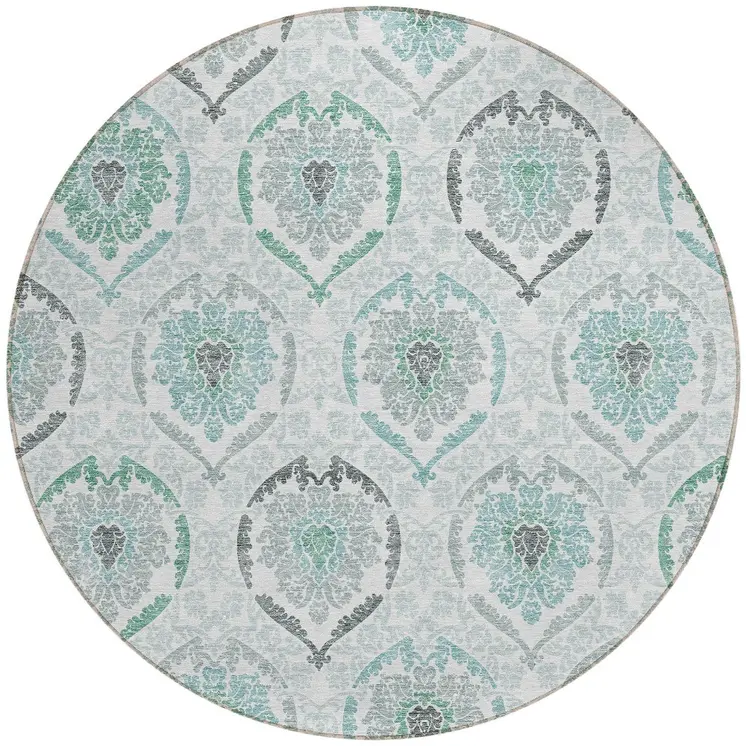 8' Teal Blue Silver And Gray Round Medallion Washable Indoor Outdoor Area Rug