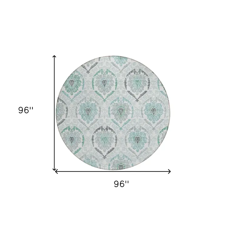 8' Teal Blue Silver And Gray Round Medallion Washable Indoor Outdoor Area Rug