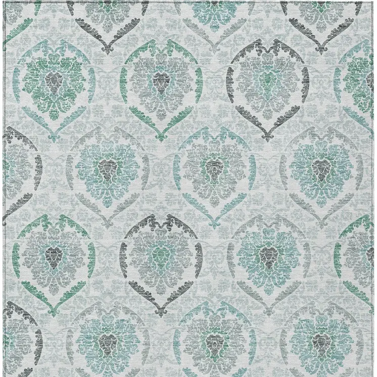 9' X 12' Teal Blue Silver And Gray Medallion Washable Indoor Outdoor Area Rug