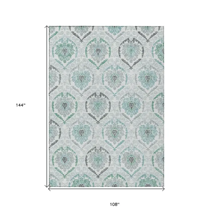 9' X 12' Teal Blue Silver And Gray Medallion Washable Indoor Outdoor Area Rug