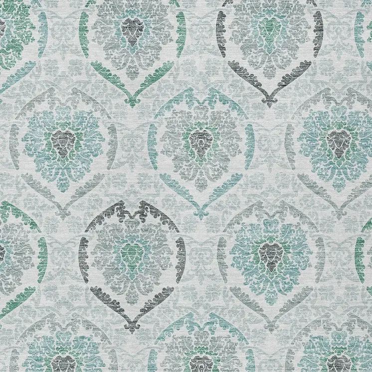 9' X 12' Teal Blue Silver And Gray Medallion Washable Indoor Outdoor Area Rug