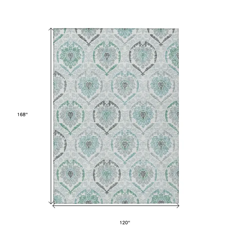 10' X 14' Teal Blue Silver And Gray Medallion Washable Indoor Outdoor Area Rug