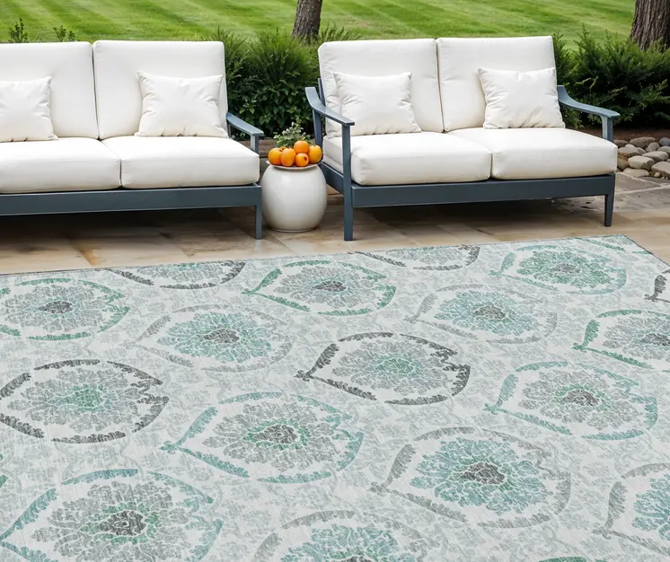 10' X 14' Teal Blue Silver And Gray Medallion Washable Indoor Outdoor Area Rug