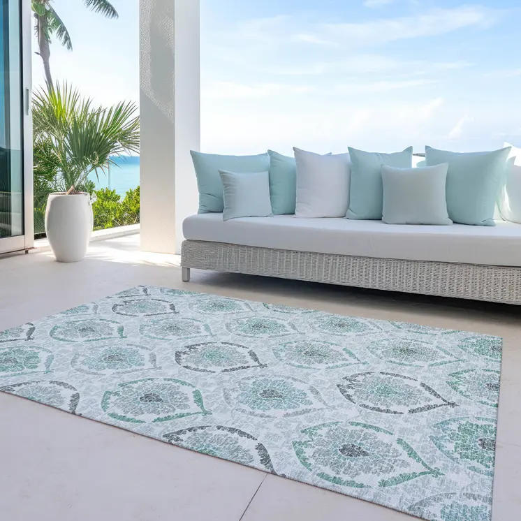 10' X 14' Teal Blue Silver And Gray Medallion Washable Indoor Outdoor Area Rug