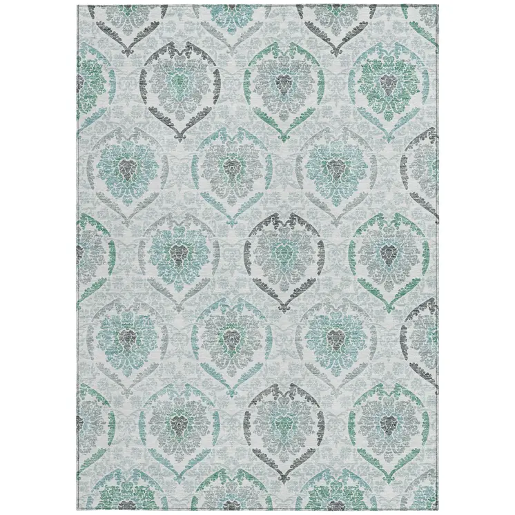 10' X 14' Teal Blue Silver And Gray Medallion Washable Indoor Outdoor Area Rug