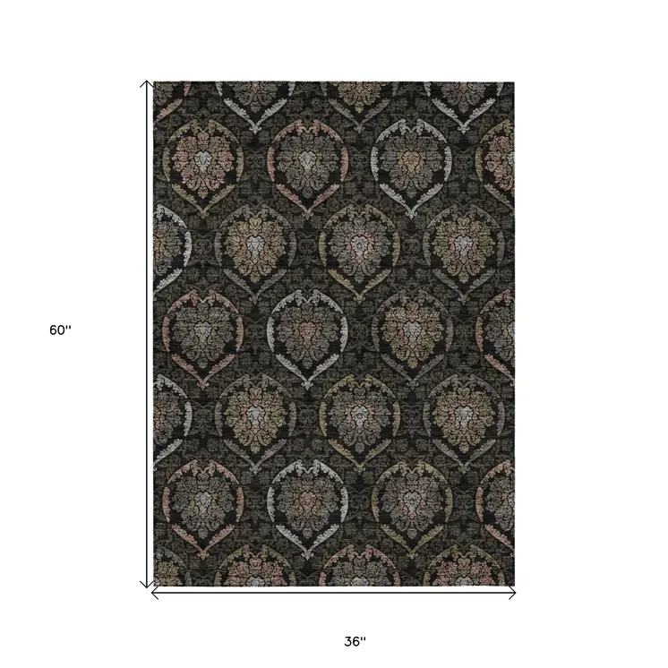 3' X 5' Black Gray And Brown Medallion Washable Indoor Outdoor Area Rug