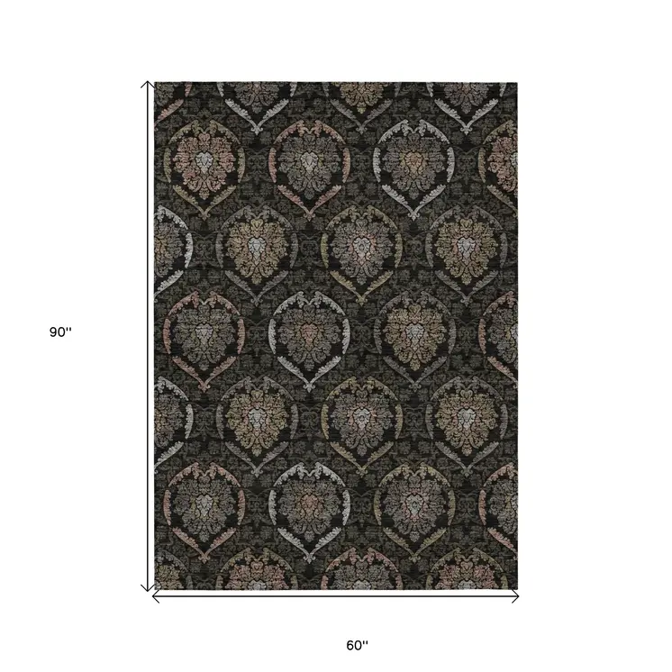 5' X 8' Black Gray And Brown Medallion Washable Indoor Outdoor Area Rug