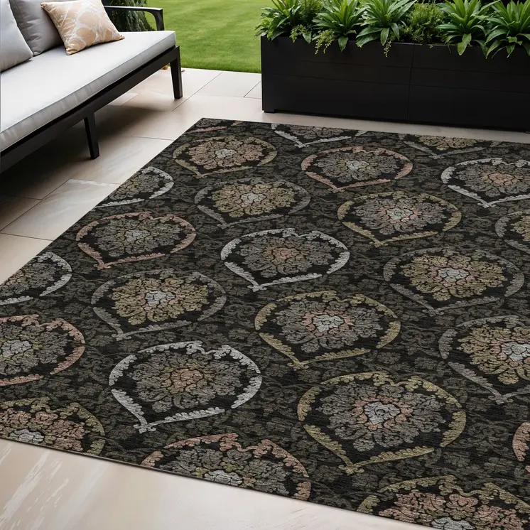 5' X 8' Black Gray And Brown Medallion Washable Indoor Outdoor Area Rug
