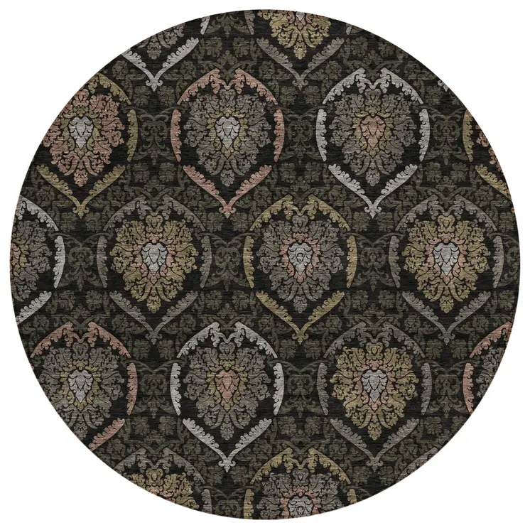 8' Black Gray And Brown Round Medallion Washable Indoor Outdoor Area Rug