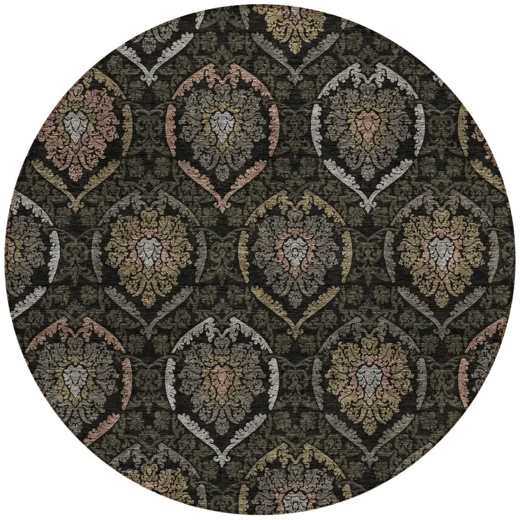 8' Black Gray And Brown Round Medallion Washable Indoor Outdoor Area Rug