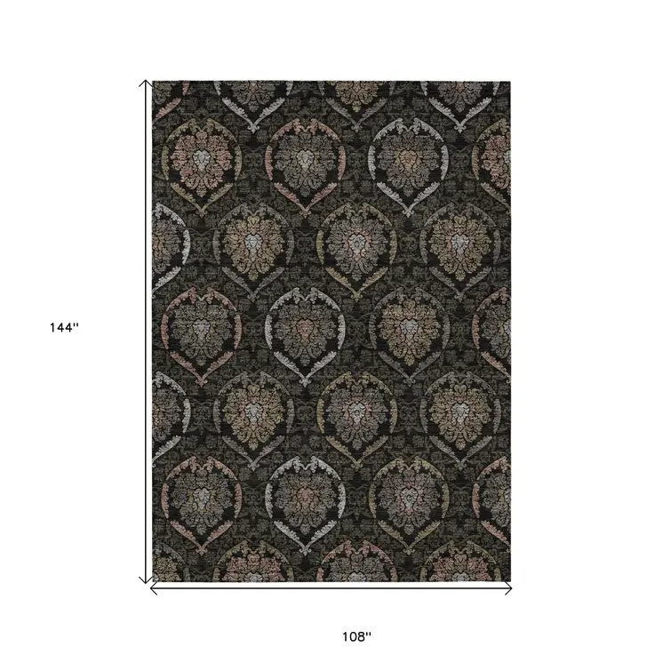 9' X 12' Black Gray And Brown Medallion Washable Indoor Outdoor Area Rug