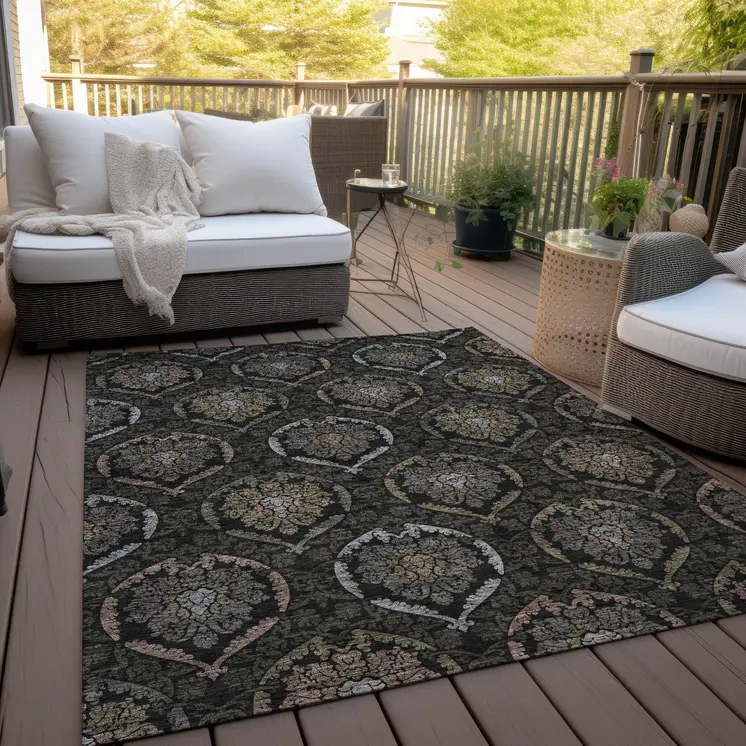 9' X 12' Black Gray And Brown Medallion Washable Indoor Outdoor Area Rug