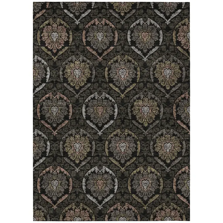 9' X 12' Black Gray And Brown Medallion Washable Indoor Outdoor Area Rug