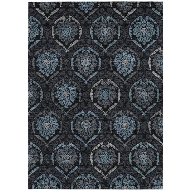 3' X 5' Blue Charcoal And Gray Medallion Washable Indoor Outdoor Area Rug