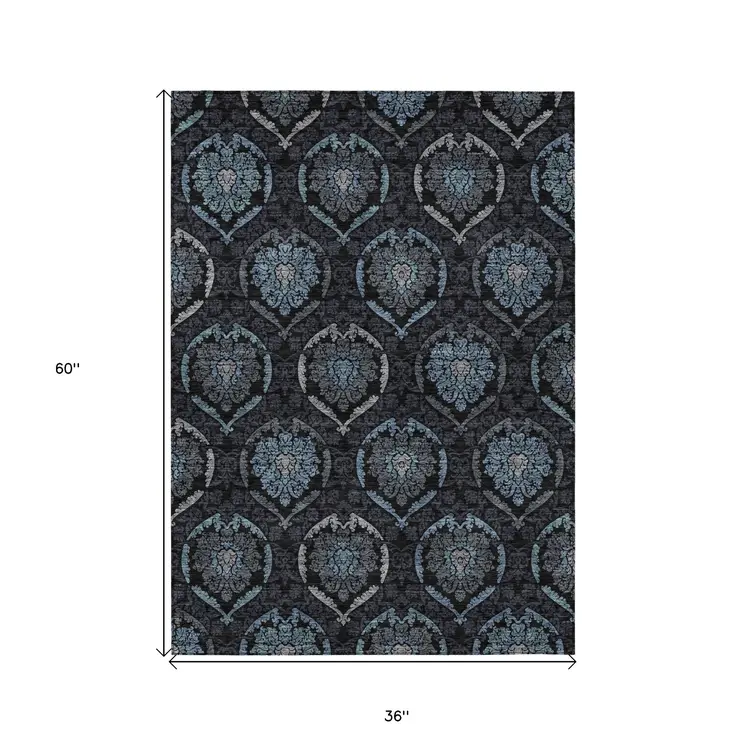 3' X 5' Blue Charcoal And Gray Medallion Washable Indoor Outdoor Area Rug